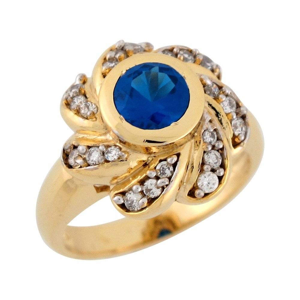 10k Yellow Gold Simulated Blue Sapphire White CZ Modern Swirl Ladies Ring