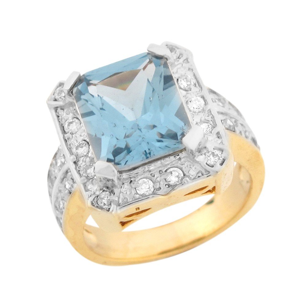 10k Two Tone Gold Simulated Aquamarine Pave Set White CZ Band Ladies Ring