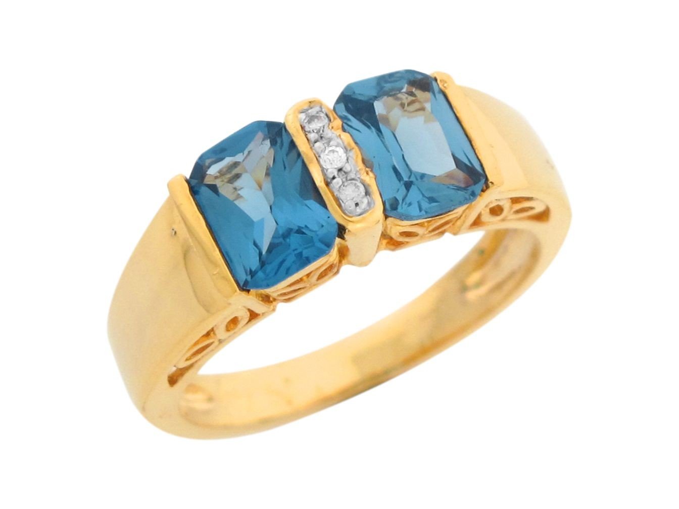 10k Two Tone Gold Simulated Blue Zircon White CZ Filigree Gallery Ladies Ring