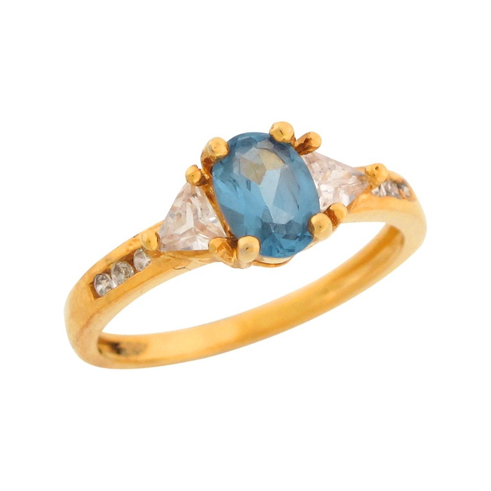 10k Yellow Gold Oval Cut Simulated Blue Zircon White CZ Delicate Ladies Ring