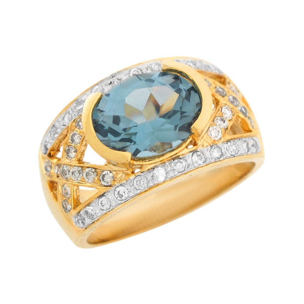 10k Two Tone Gold Simulated Blue Zircon Pave Set White CZ Wide Band Ladies Ring