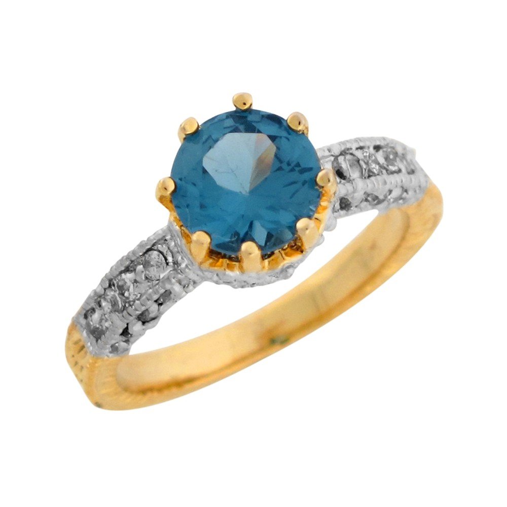 10k Two Tone Gold Simulated Blue Zircon White CZ Detailed Band Ladies Ring