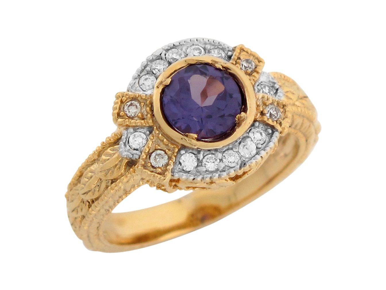 10k Two Tone Gold Simulated Alexandrite White CZ Vintage Style Ladies Ring