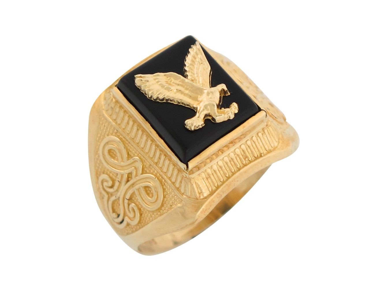 10k Yellow Gold Onyx Masonic Intricate Knot Design Band Mens Ring