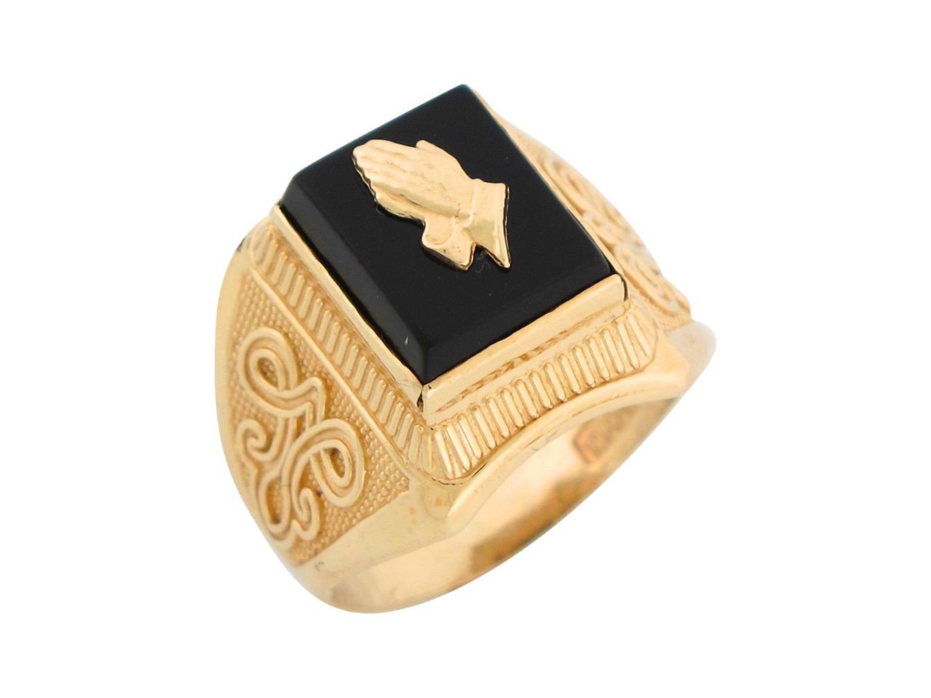 10k Yellow Gold Onyx Masonic Intricate Knot Design Band Mens Ring