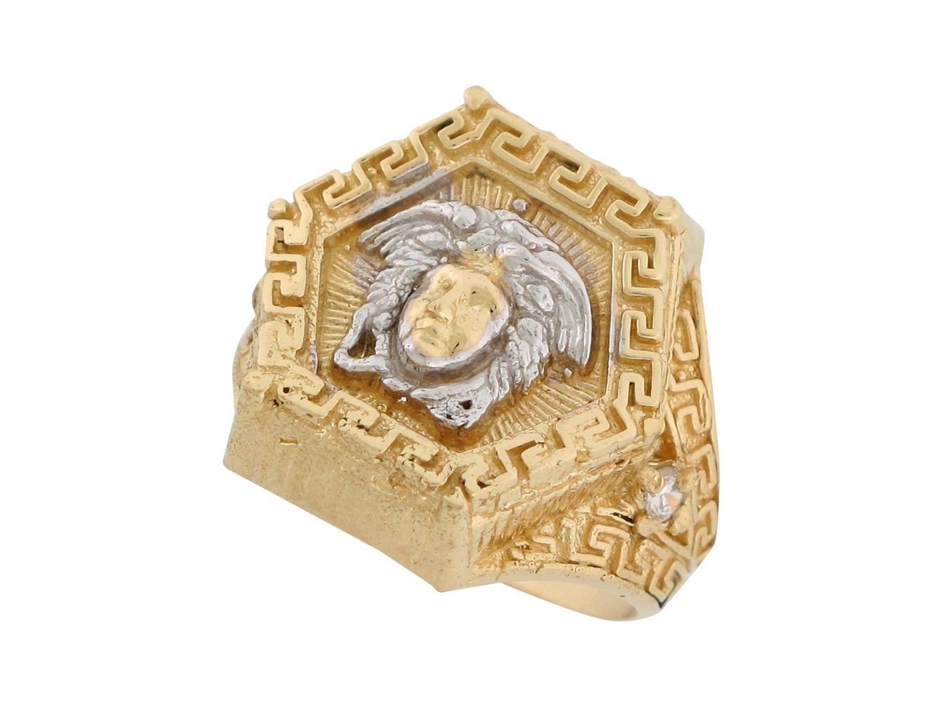 10k Two Tone Gold White CZ Medusa Head Greek Key Mens Ring