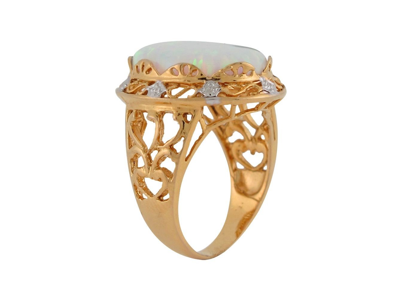 10k Two-Tone Gold Simulated Speckled White Opal Ladies Unique Filigree Ring