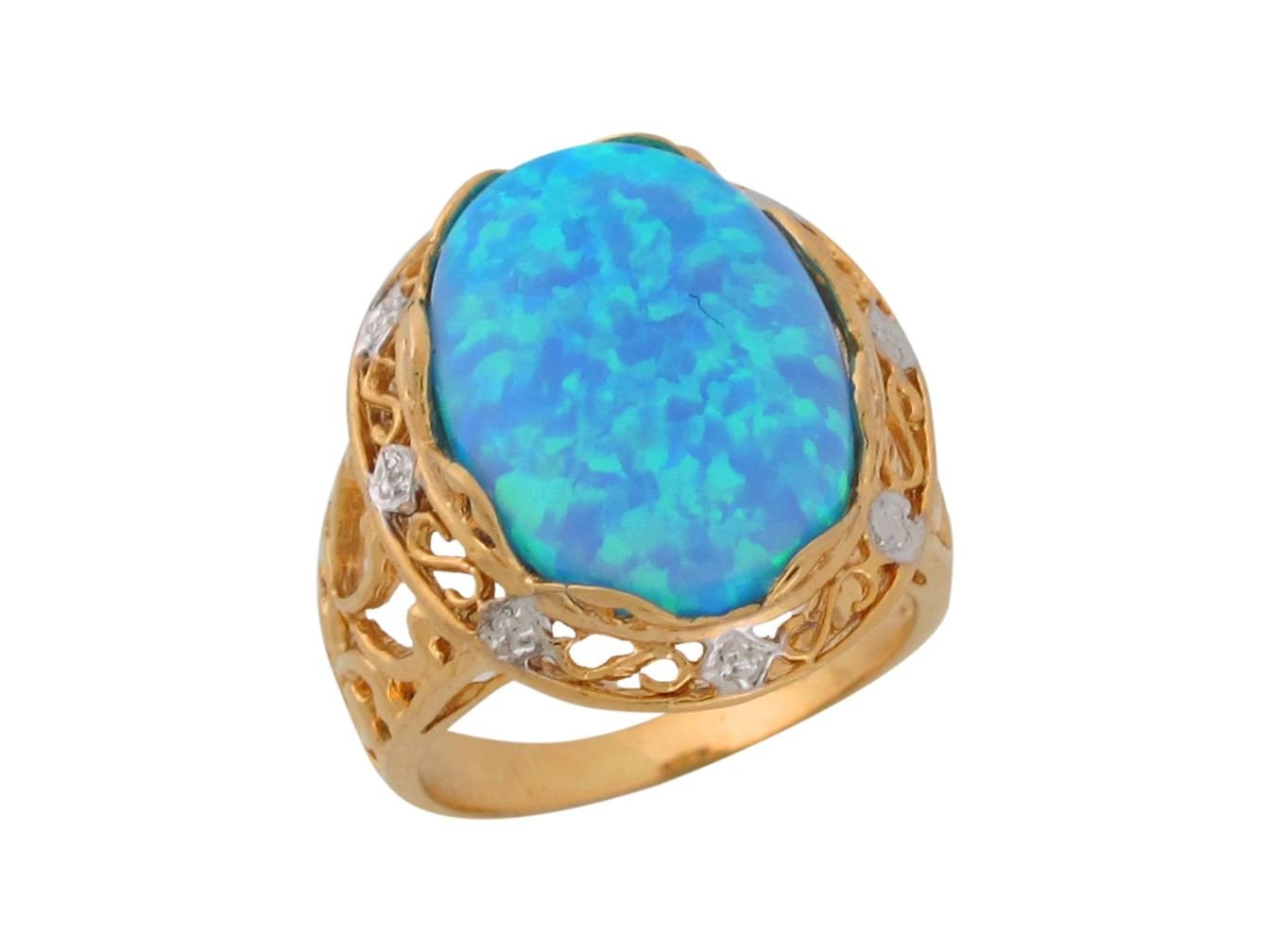 10k Two-Tone Gold Simulated Speckled Sky Blue Opal Ladies Unique Filigree Ring