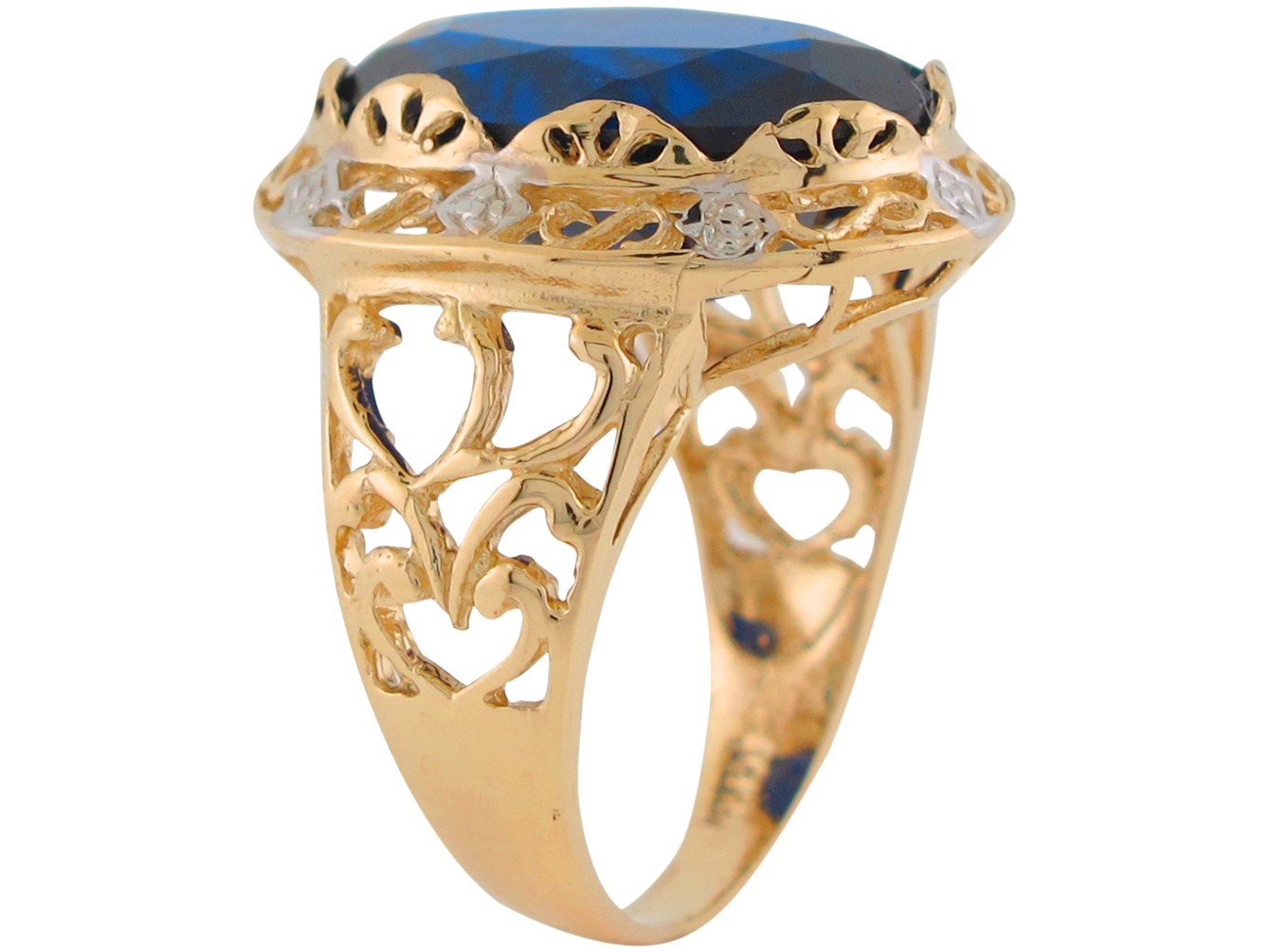 14k Two-Tone Gold Simulated Sapphire Ladies Unique Wide Top Filigree Ring