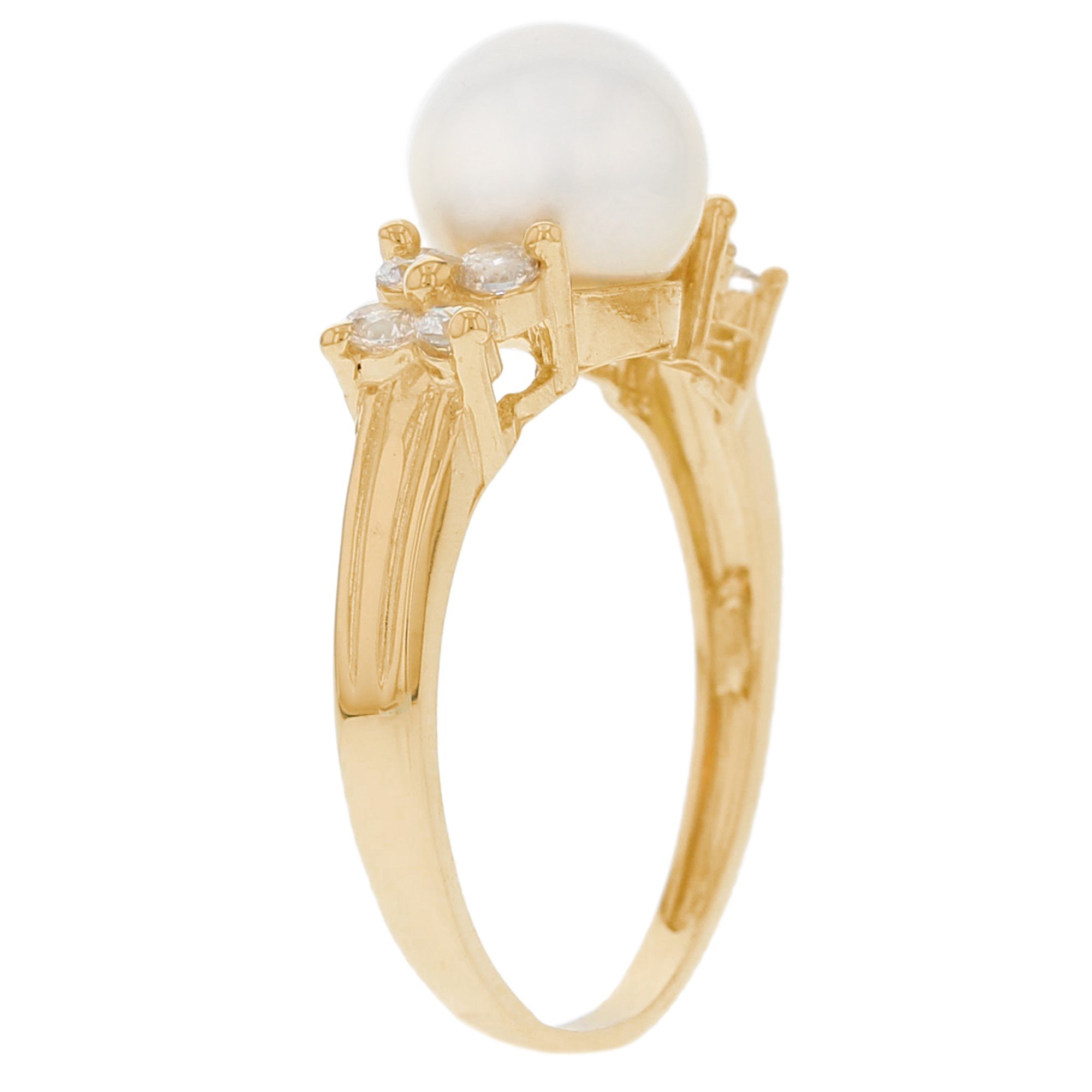 10k Yellow Gold Cultured Pearl and White CZ Elegant Ladies Flower Design Classy Ring