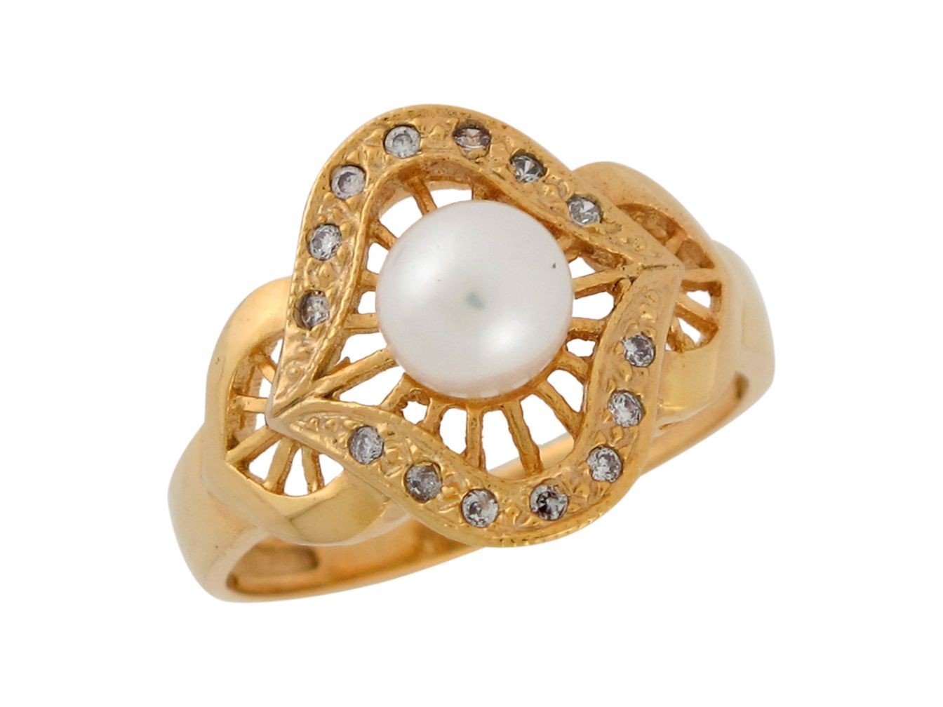 10k Yellow Gold Cultured Pearl and White CZ Elegant Fashion Ladies Ring