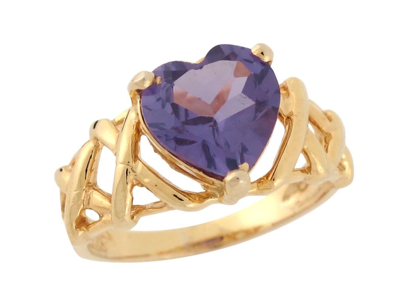 10k Yellow Gold Simulated Amethyst Heart Shaped Lovely Ladies Criss Cross Ring