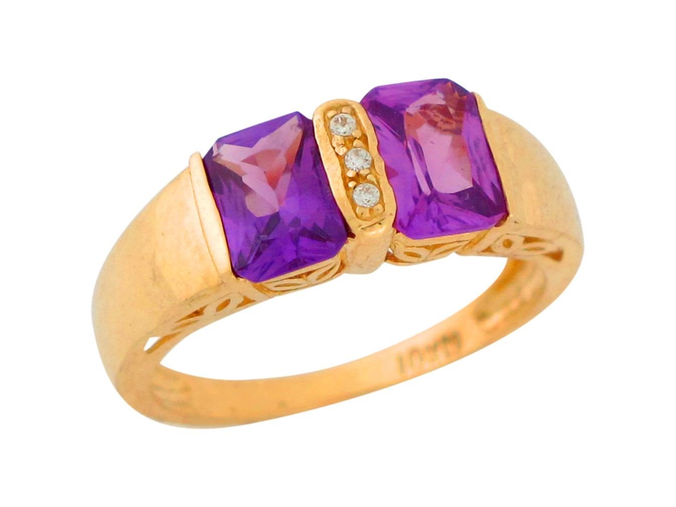 10k Yellow Gold Channel Set Guenuine Amethyst and Diamond Ladies Unique Ring