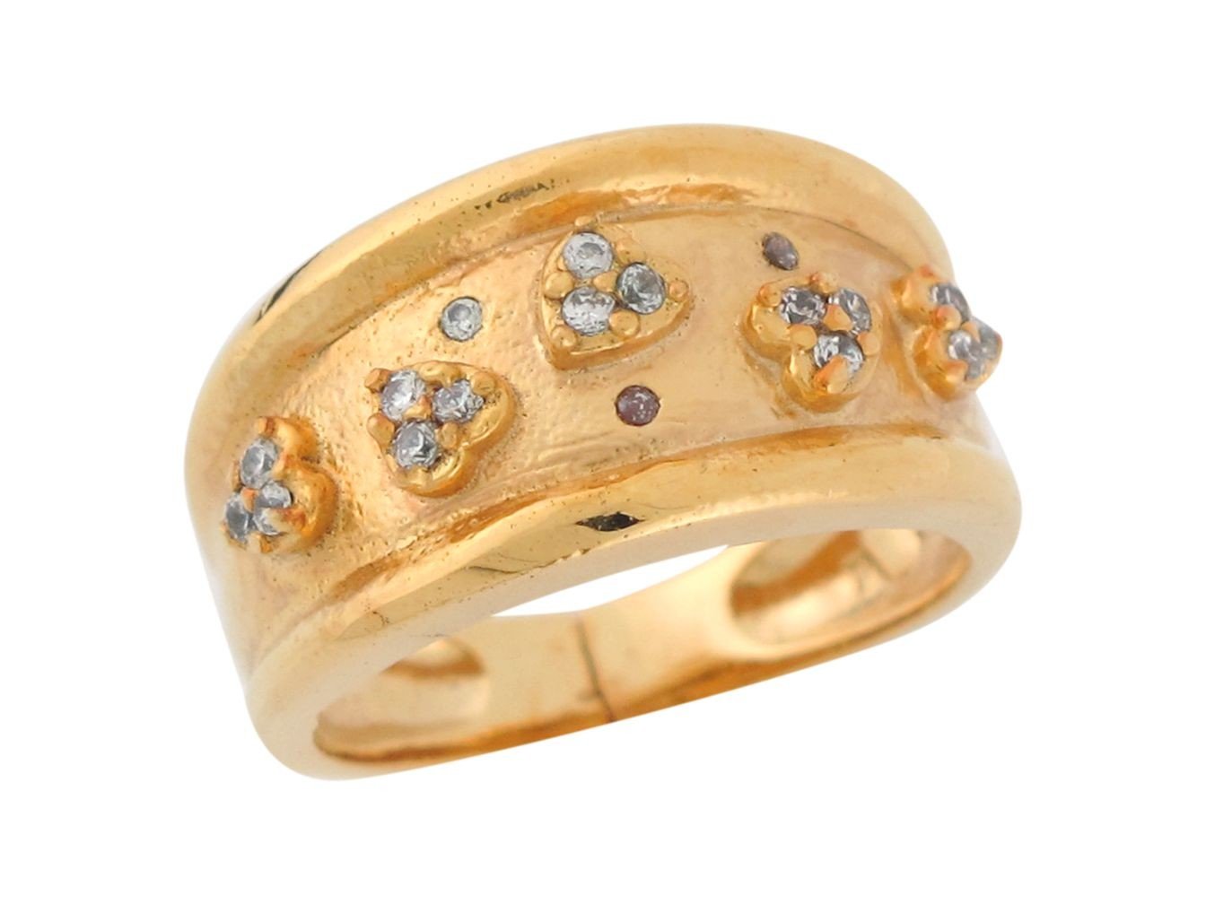 10k Yellow Gold 5 Heart with White CZ Ladies Domed Wide Band Cigar Ring