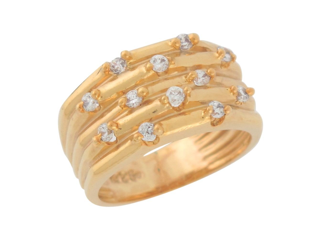 10k Yellow Gold Brilliant White CZ Ribbed Wide Band Ladies Fancy Ring