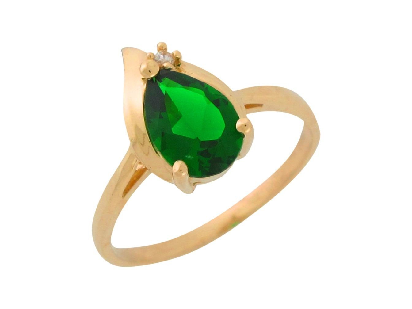 10k Yellow Gold Simulated Emerald White CZ Ladies Teardrop May Birth Ring