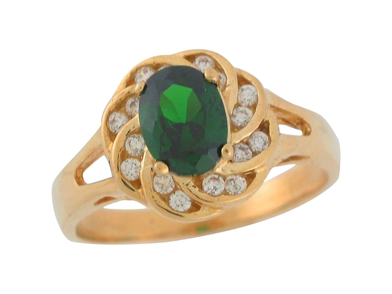 10k Yellow Gold Emerald and White CZ Elegant Swirl Design Ring