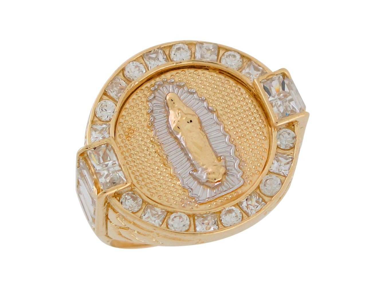 10k Two-Tone Gold Dazzling White CZ Virgin Mary Guadalupe Wide Round Top Ring