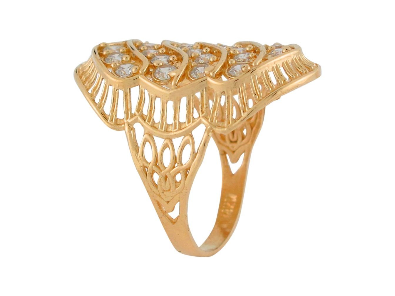 14k Yellow Gold Brilliant White CZ Ladies Elegant Wide Top Shield Filigree Ring