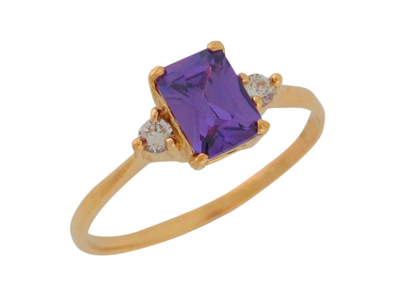 10k Yellow Gold Simulated Amethyst White CZ Accent Ladies Thin Band Elegant Ring