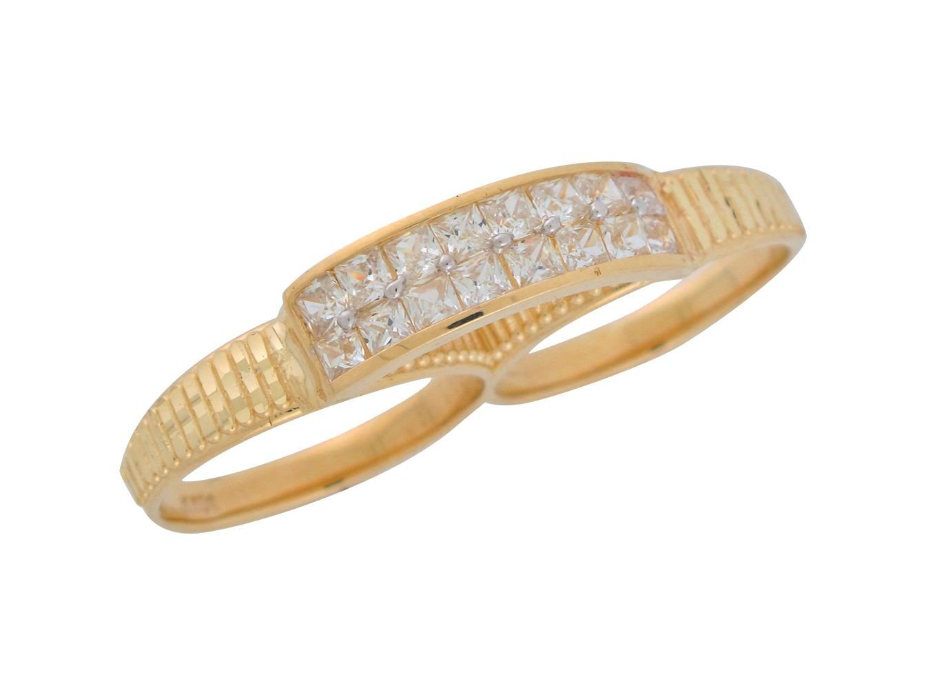 10k Real Yellow Gold White CZ Ladies Hip Hop Two Finger Ring with Diamond Cuts