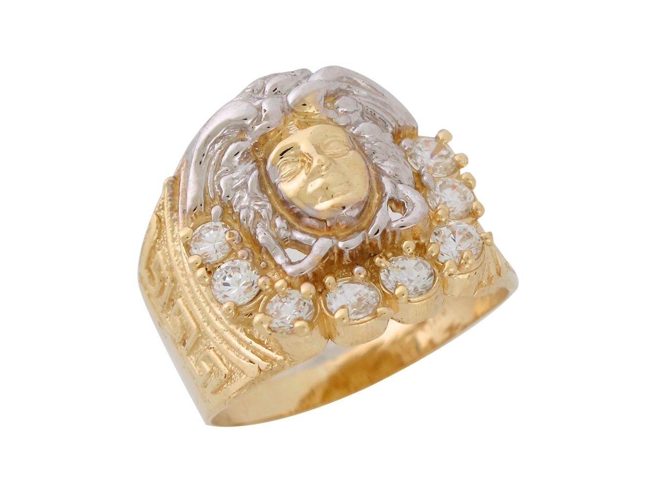 10k Two-Tone Gold White CZ Accented Medusa Ring with Greek Key Design 