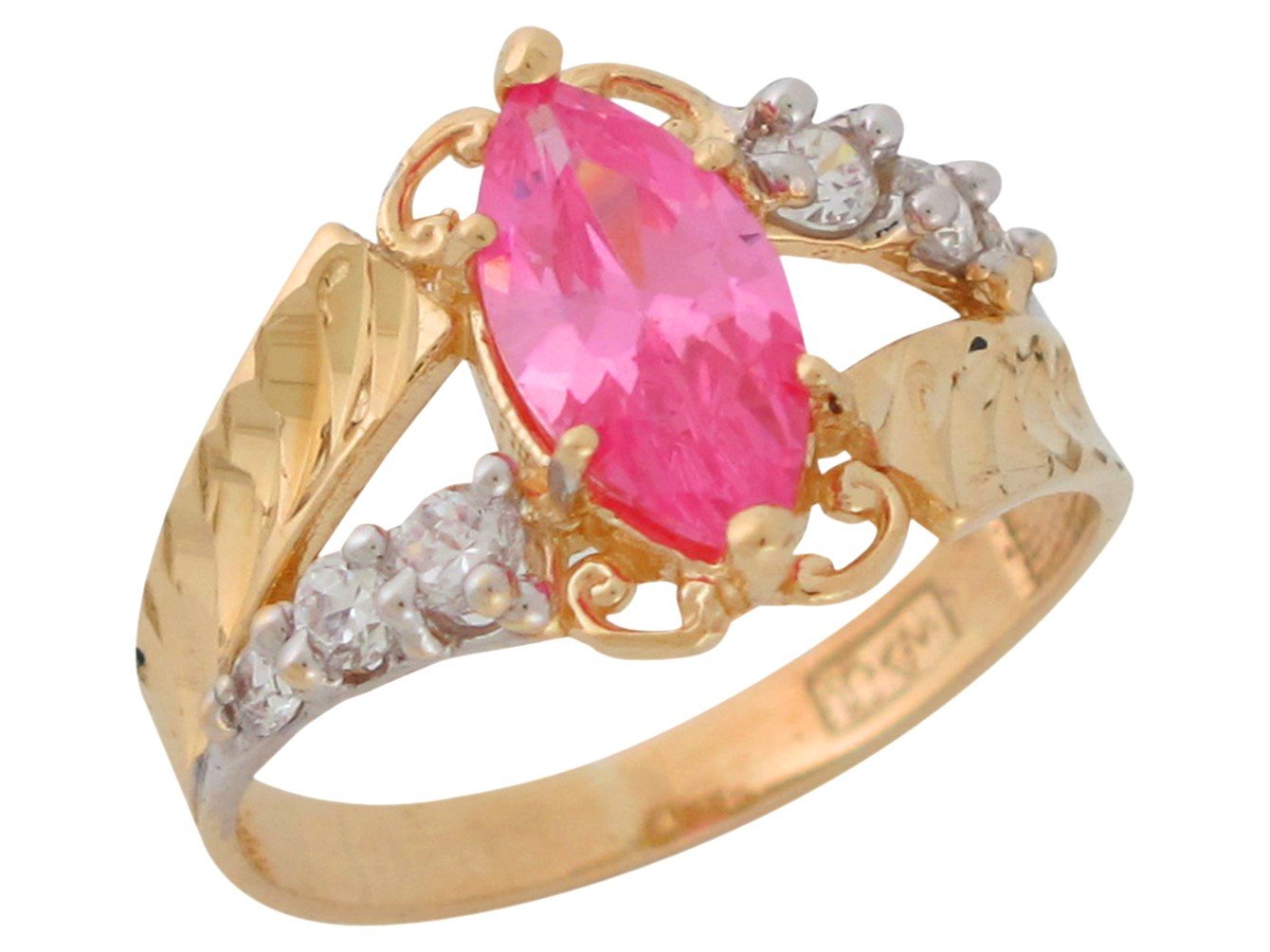 10k Two-Tone Gold Simulated Pink Tourmaline Diamond Cut October Birth Ring