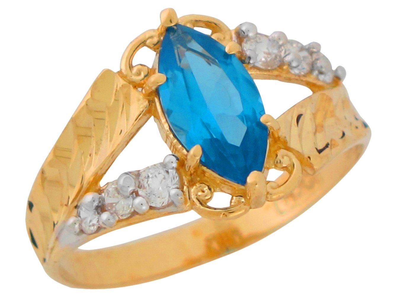 10k Two-Tone Gold Simulated Blue Zircon Diamond Cut December Birthstone Ring