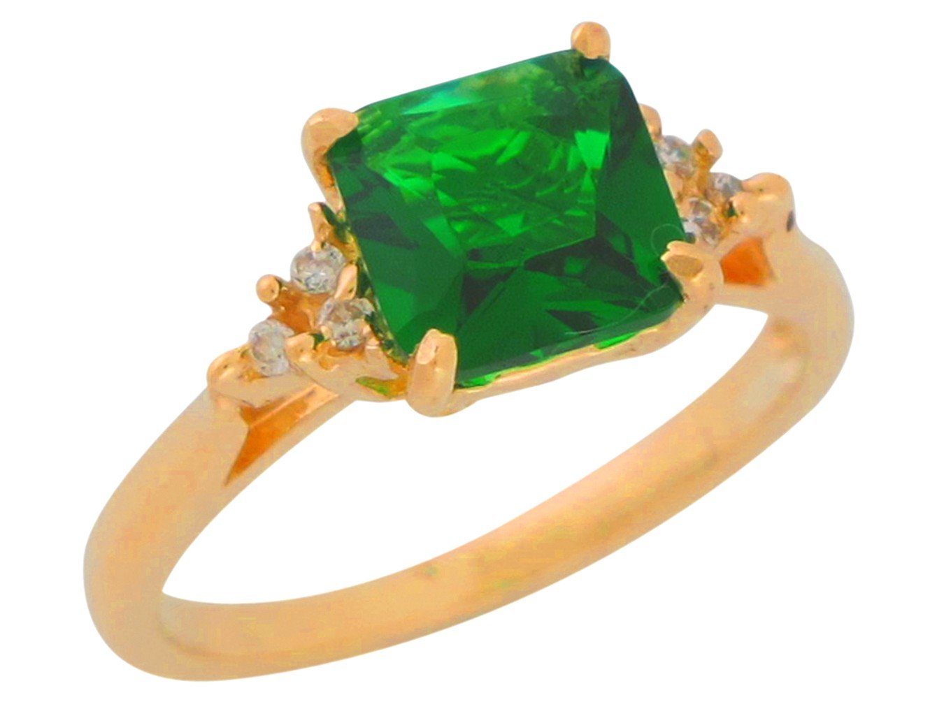 10k Yellow Gold Square Simulated Emerald Ladies Fancy May Birthstone Ring