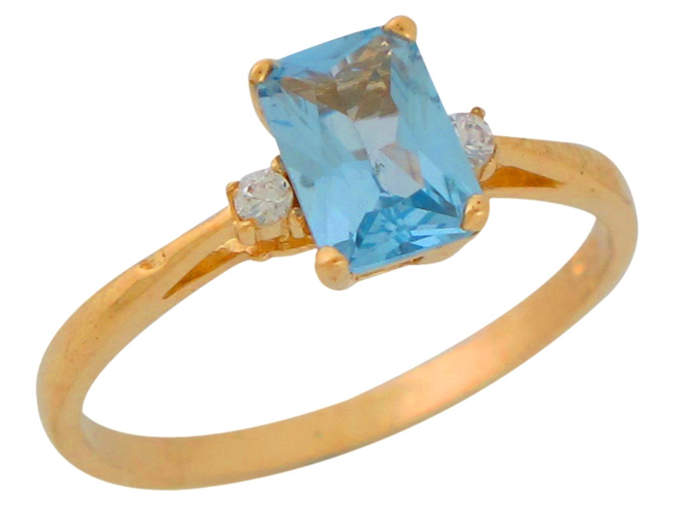 10k Yellow Gold Simulated Aqua White CZ Ladies Classic March Birthstone Ring