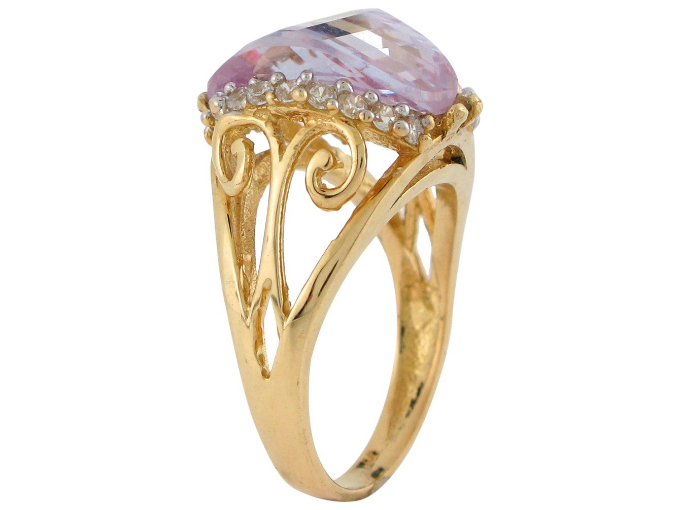 10k Gold Saddle Cut Simulated Pink Amethyst and White CZ Ladies Filigree Ring