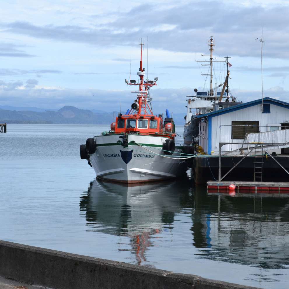 A ship is docked in a sea harbor