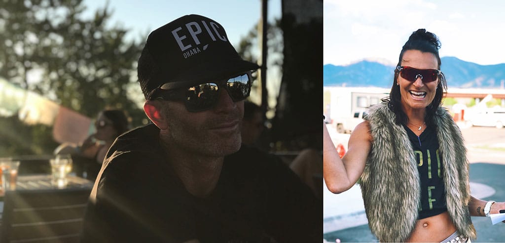 Paul wearing an Epic Ohana trucker cap and Milica wearing an Epic AF tank
