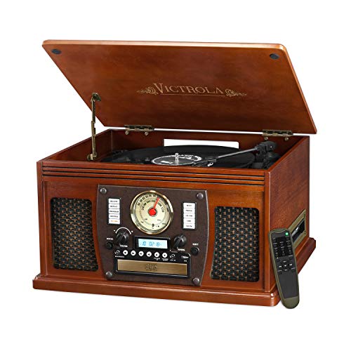 Victrola Wood 8-in-1 Nostalgic Bluetooth Record Player with USB Encoding and 3-Speed Turntable
