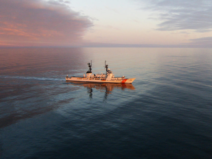 The Coast Guard Cutter Hamilton steams toward Barrow to perform a search and rescue drill for the first time in the arctic in 2008.
