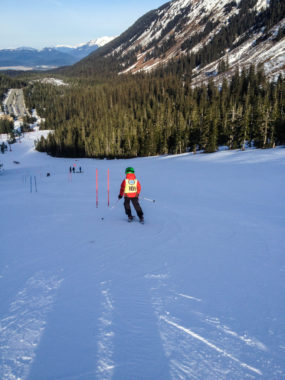Malachi Peimann, age 8, heads down the giant slalom course on Sourdough trail.