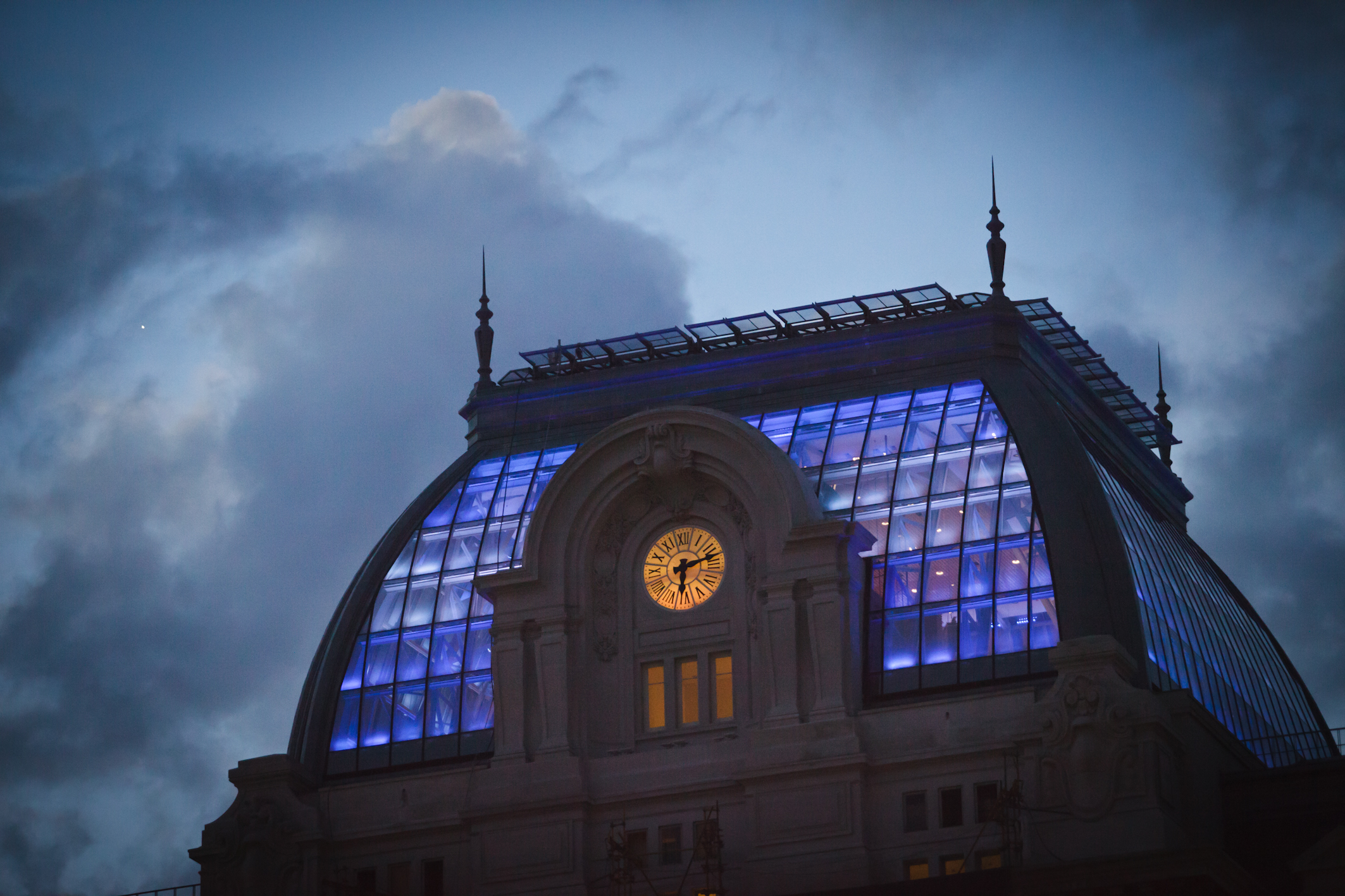 The glass dome is now lit from within and will soon house a restaurant for patrons of the center