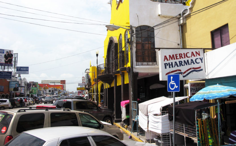 Pharmacies that line the main street of Nuevo Progreso, Mexico, sell