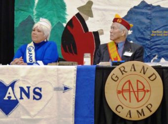 Alaska Native Sisterhood Grand Camp President Johanna Dybdahl, lleft, and Alaska Native Brotherhood Grand Camp President Sasha Soboleff listen during convention proceedings Wednesday. (Photo by Ed Schoenfeld, CoastAlaska News