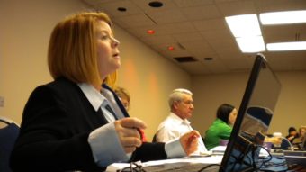 Alcoholic Beverage Control Board director Cynthia Franklin meets with her board members at Centennial Hall in February 2015. She discussed problems she foresees in how the state will execute legalized marijuana. (Photo by Kevin Reagan/ KTOO)
