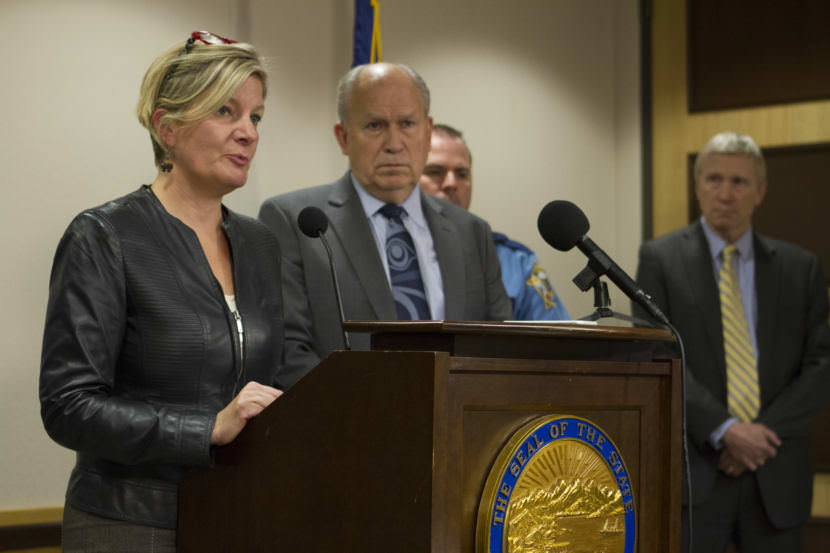 Alaska Attorney General Jahna Lindemuth speaks to reporters at a press availability on September 15, 2017 (Photo by Daniel Hernandez, Alaska Public Media - Anchorage)