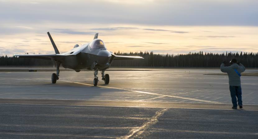 A U.S. Air Force F-35A Lightning II fighter aircraft lands on the flight line Oct. 12, 2017, at Eielson Air Force Base, Alaska. The F-35 is here to conduct cold weather testing to ensure the fifth generation multi-role fighter aircraft performs optimally in Alaska's harsh weather conditions.