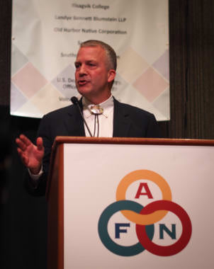 U.S. Sen. Dan Sullivan addresses the 2017 Alaska Federation of Natives convention on Saturday, Oct. 21, 2017.