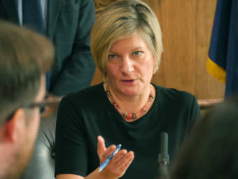 Alaska Attorney General Jahna Lindemuth discusses a lawsuit the state is filing against Purdue Pharma in the state Capitol on Oct. 31, 2017. Purdue makes the prescription pain pill OxyContin. (Photo by Skip Gray/360 North)
