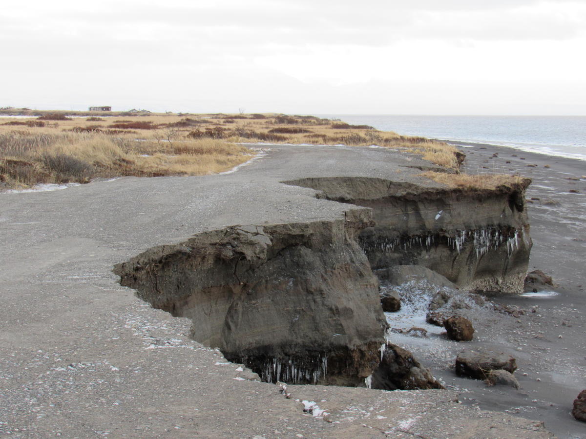 Port Heiden’s road to the safe harbor and old village was closed in November due to erosion. Photo taken November 22, 2017. (Photo courtesy Chasen Cunitz)
