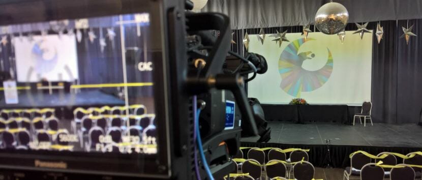 A television camera is on standby at the Juneau Arts and Culture Center ahead of the evening's annual Governor's Arts and Humanities Awards gala on Feb. 8, 2018. 360 North is broadcasting the event.