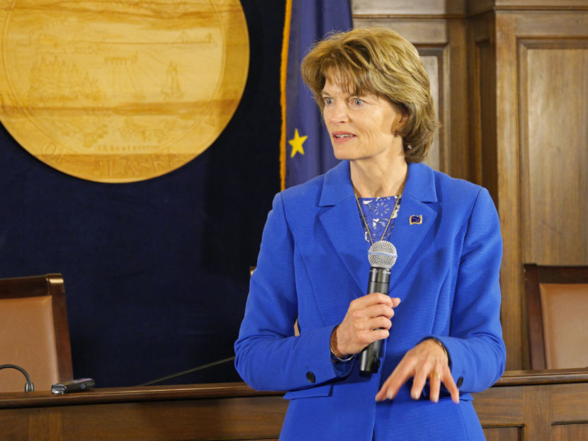 U.S. Sen. Lisa Murkowski, R-Alaska, talks with Alaska Capitol reporters during a press availability following her annual address to the Alaska Legislature on Feb. 22, 2018. (Photo by Skip Gray/360 North)