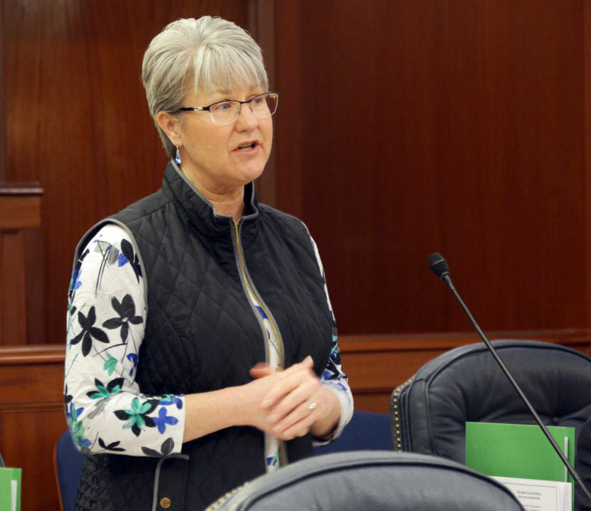Sen. Anna MacKinnon, R-Eagle River, speaks in the Alaska Senate on April 15, 2018. (Photo by Skip Gray/360 North)