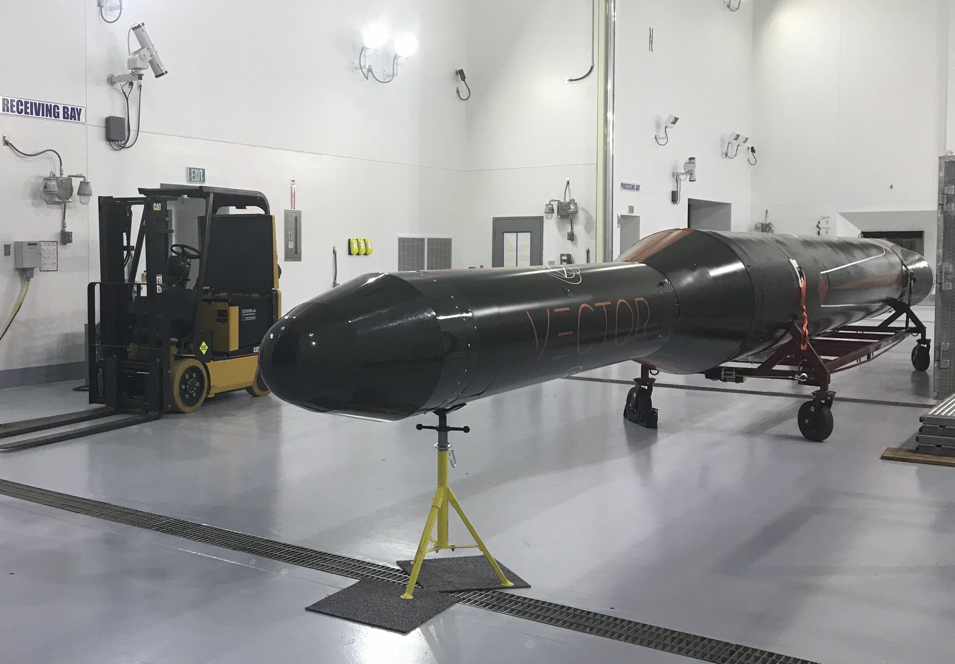 A Vector test rocket, or vehicle, housed inside the Alaska Aerospace Corporation facility. (Photo by Daysha Eaton/KMXT)