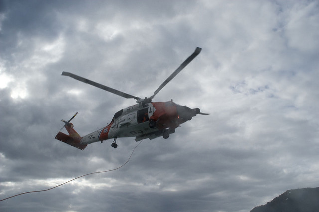 A Coast Guard Jayhawk rescue helicopter from Air Station Sitka participates in a training exercise. (Photo taken by Petty Officer 3rd Class Wes Shinn/U.S. Coast Guard)
